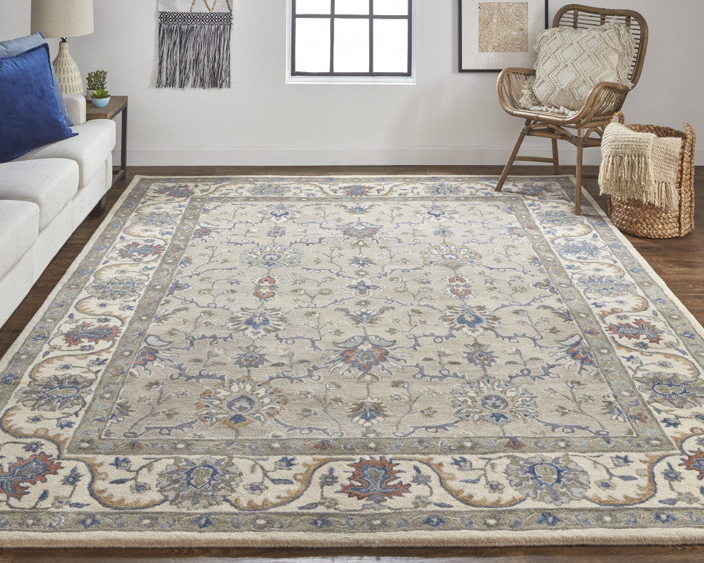 4' X 6' Ivory and Blue Wool Floral Hand Tufted Area Rug