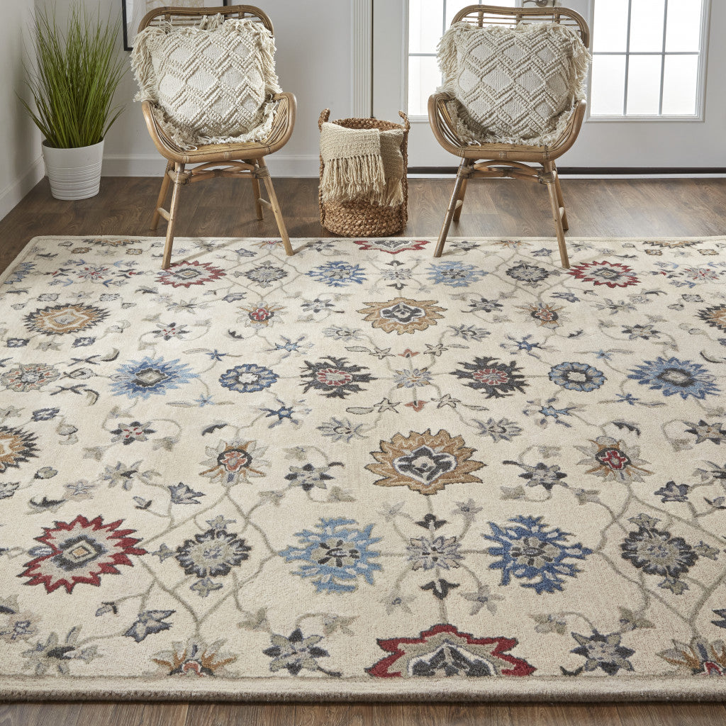 4' X 6' Ivory and Blue Wool Floral Hand Tufted Area Rug