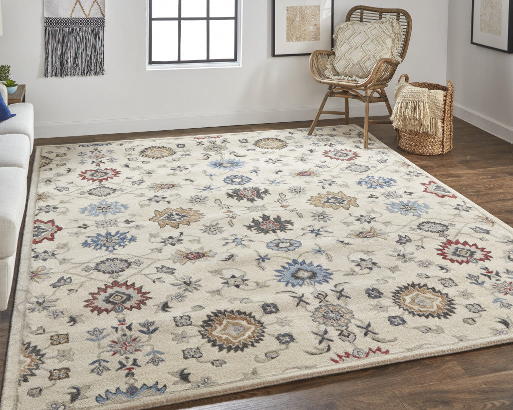 4' X 6' Ivory and Blue Wool Floral Hand Tufted Area Rug