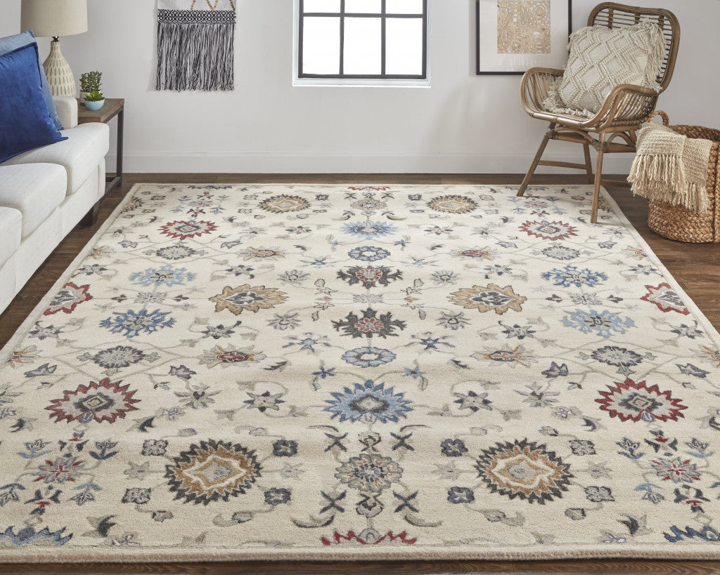 4' X 6' Ivory and Blue Wool Floral Hand Tufted Area Rug