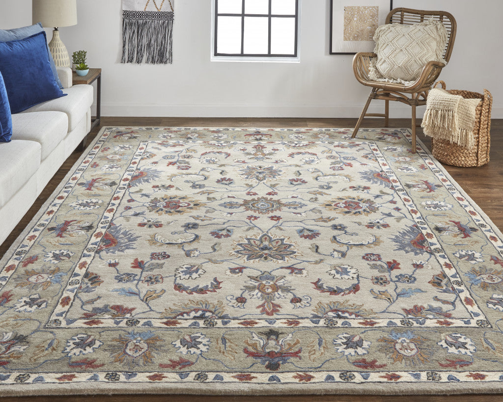 4' X 6' Ivory and Blue Wool Floral Hand Tufted Area Rug