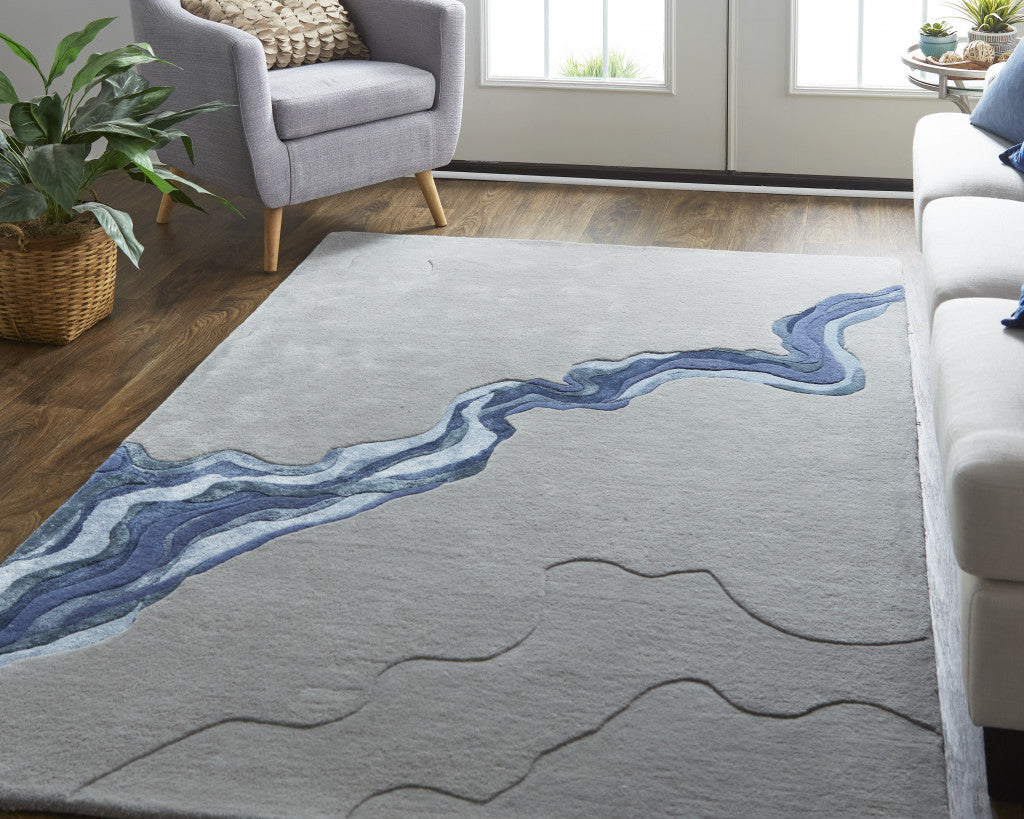 4' X 6' Blue and Gray Wool Abstract Hand Tufted Area Rug