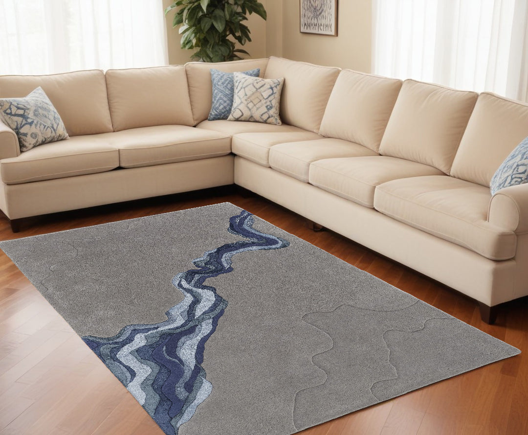 4' X 6' Blue and Gray Wool Abstract Hand Tufted Area Rug