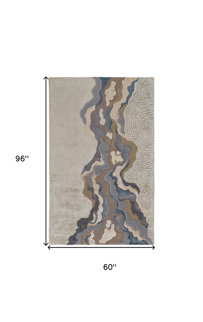 5' X 8' Tan and Brown Wool Abstract Hand Tufted Area Rug