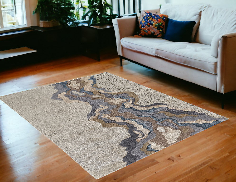 5' X 8' Tan and Brown Wool Abstract Hand Tufted Area Rug