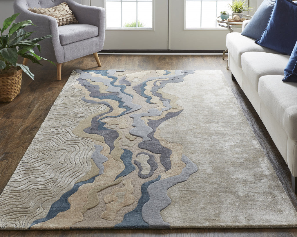 5' X 8' Tan and Brown Wool Abstract Hand Tufted Area Rug