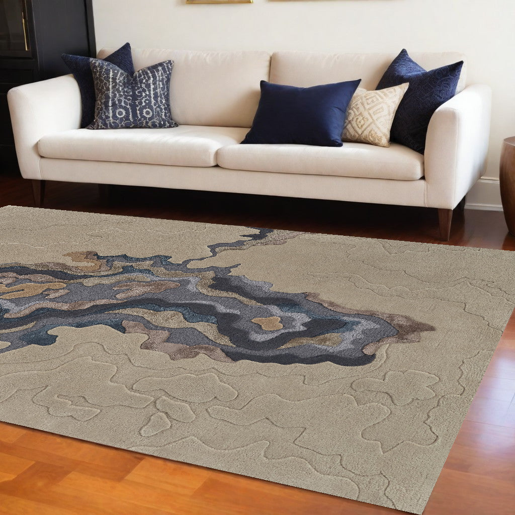 5' X 8' Tan and Brown Wool Abstract Hand Tufted Area Rug