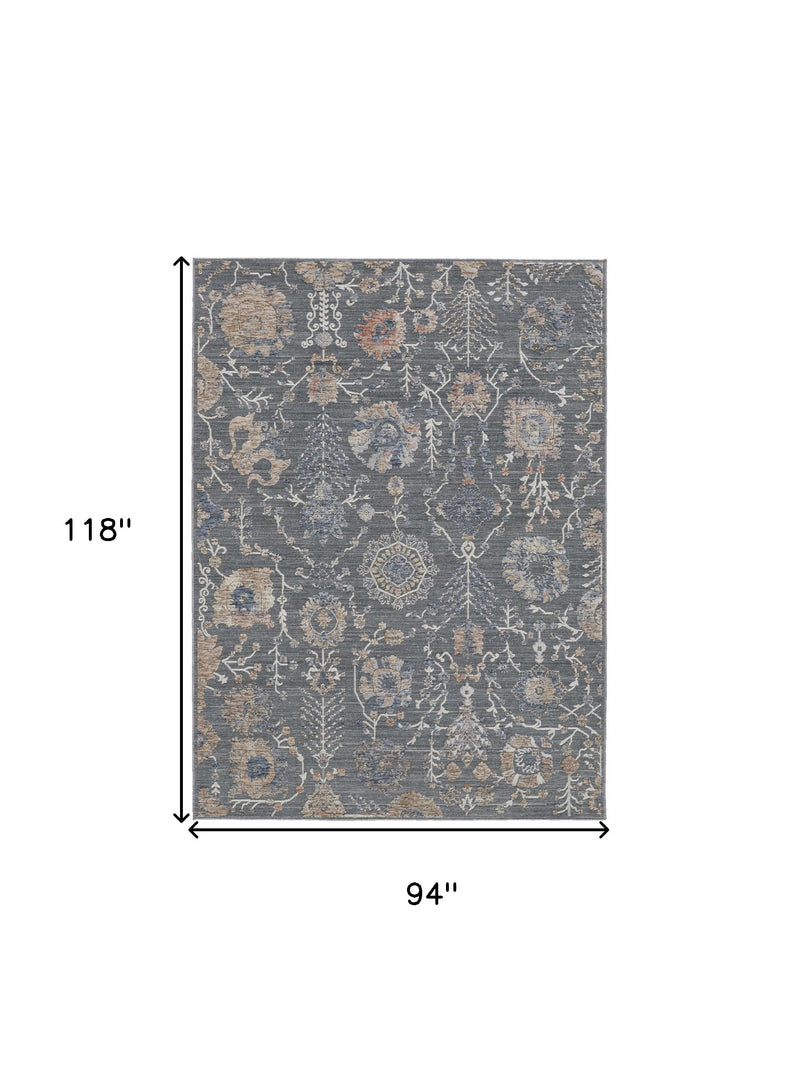 8' X 10' Gray and Ivory Floral Power Loom Area Rug