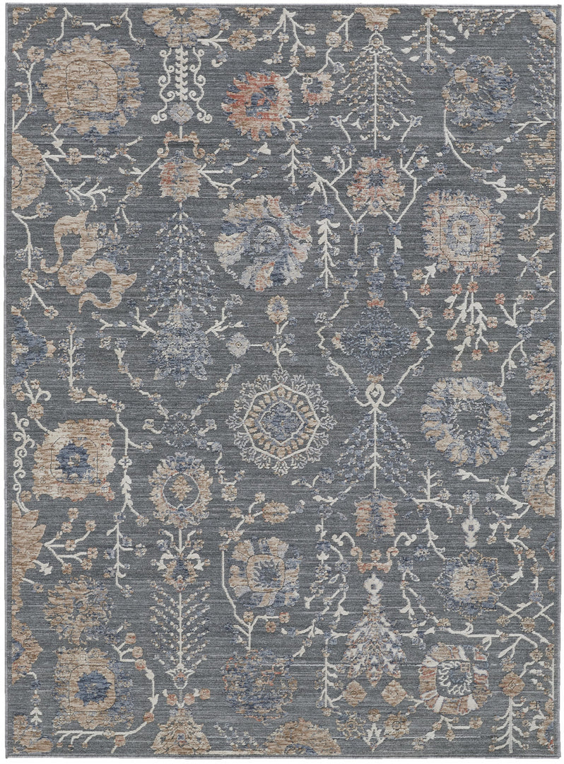 8' X 10' Gray and Ivory Floral Power Loom Area Rug