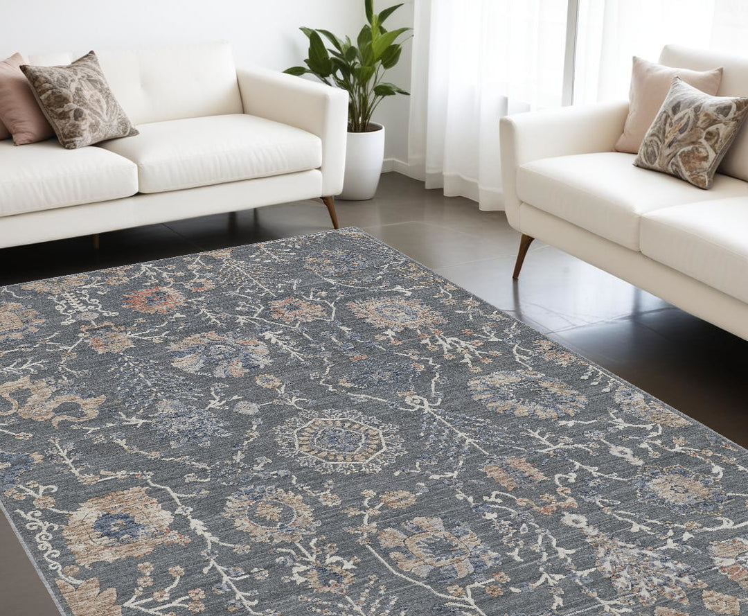 8' X 10' Gray and Ivory Floral Power Loom Area Rug