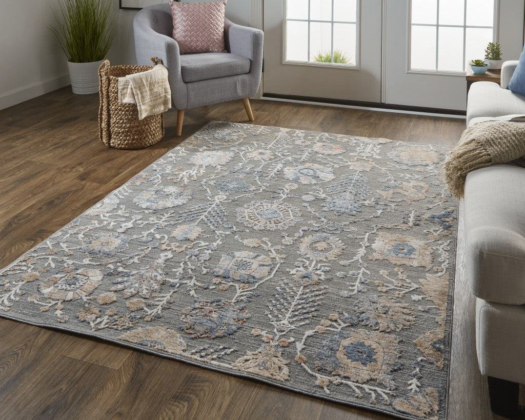 8' X 10' Gray and Ivory Floral Power Loom Area Rug