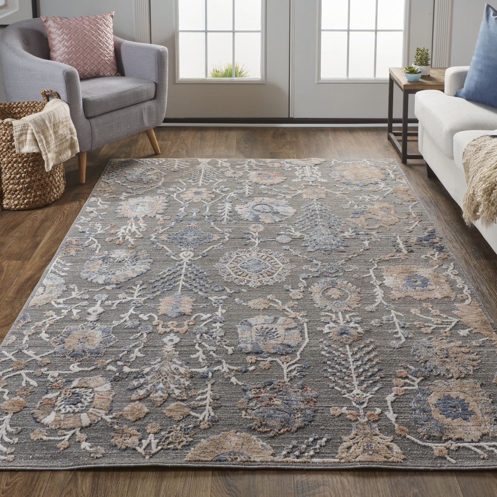 8' X 10' Gray and Ivory Floral Power Loom Area Rug