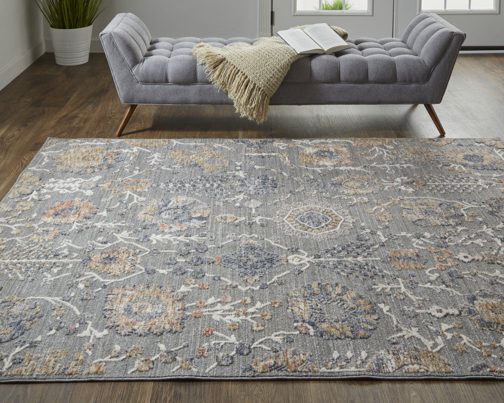 8' X 10' Gray and Ivory Floral Power Loom Area Rug