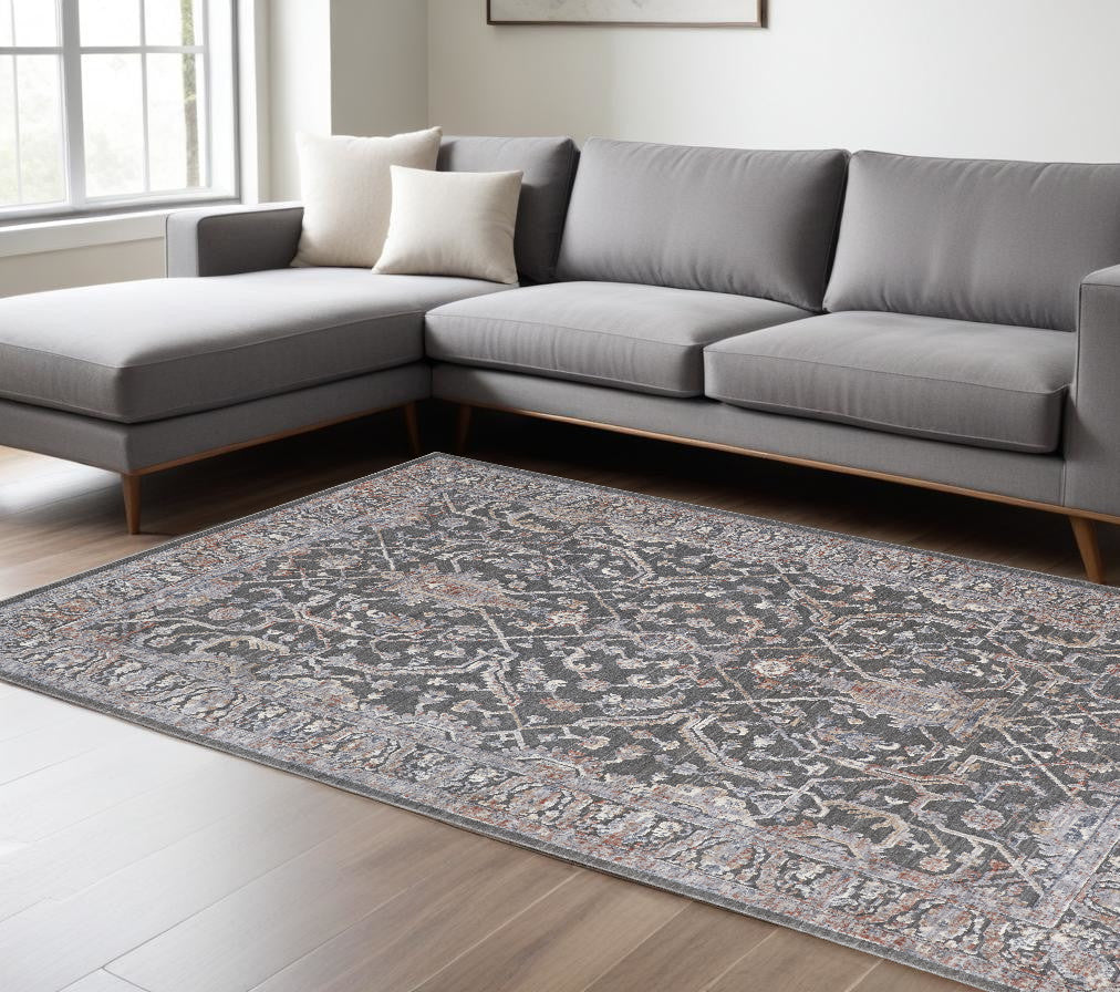 8' X 10' Gray and Ivory Floral Power Loom Area Rug