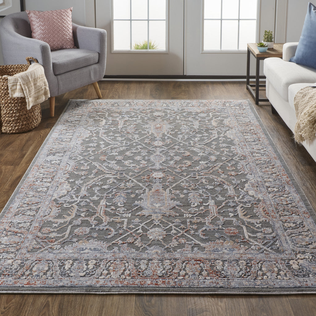 8' X 10' Gray and Ivory Floral Power Loom Area Rug