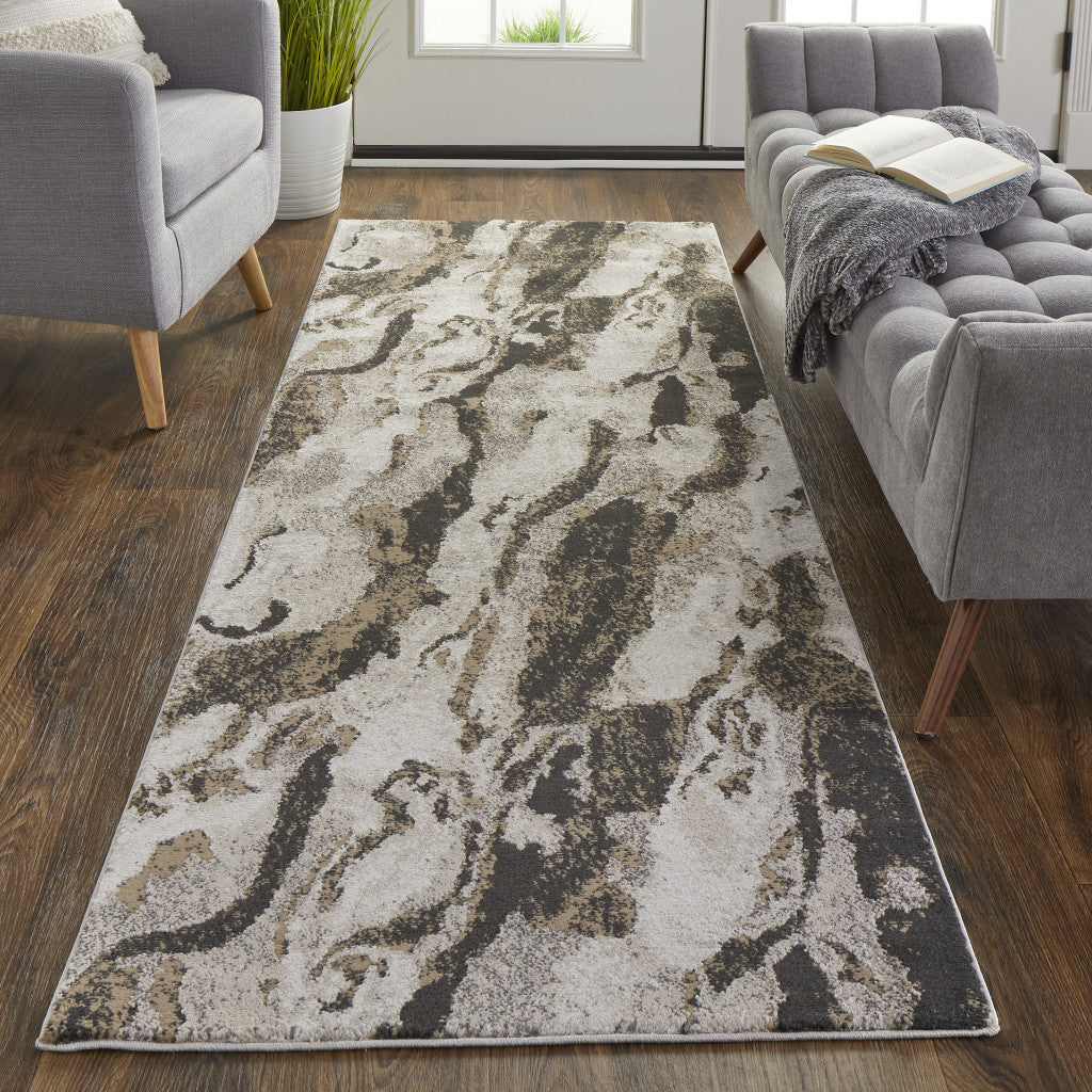 4' X 6' Brown and Ivory Abstract Power Loom Distressed Area Rug