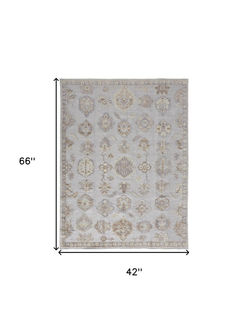 4' X 6' Gray and Ivory Floral Hand Knotted Area Rug