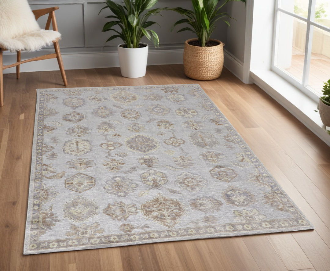 4' X 6' Gray and Ivory Floral Hand Knotted Area Rug