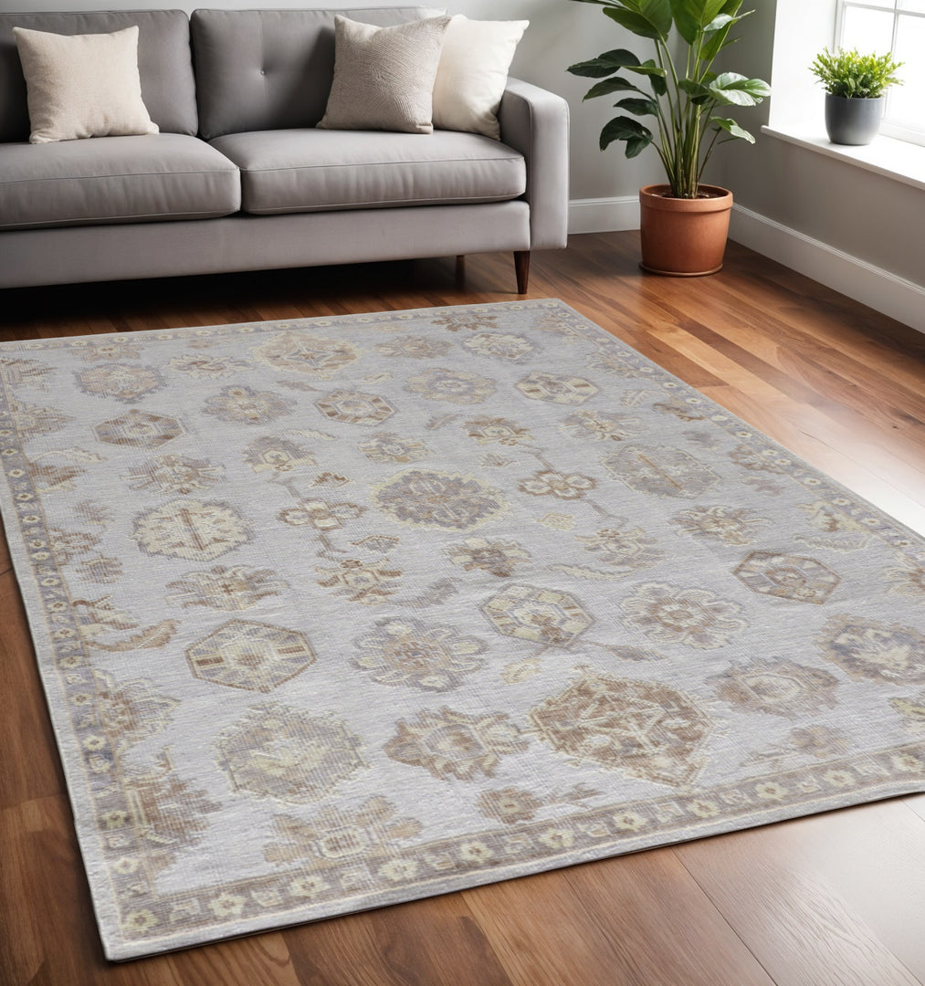 4' X 6' Gray and Ivory Floral Hand Knotted Area Rug