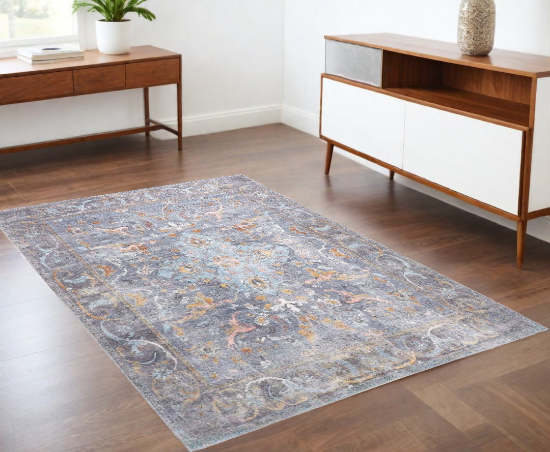 4' X 6' Blue Gray And Orange Floral Area Rug