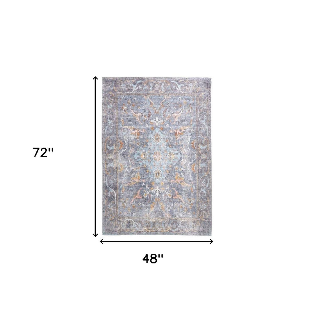 4' X 6' Blue Gray And Orange Floral Area Rug