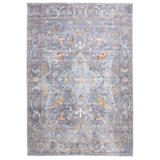 4' X 6' Blue Gray And Orange Floral Area Rug