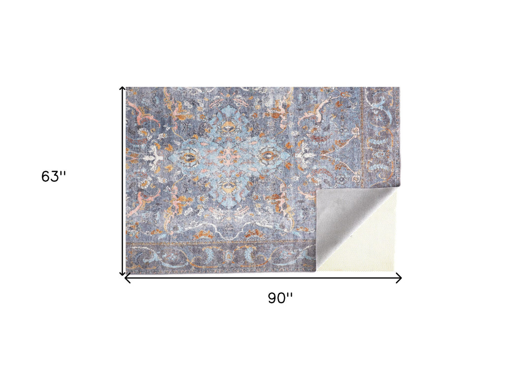 4' X 6' Blue Gray And Orange Floral Area Rug