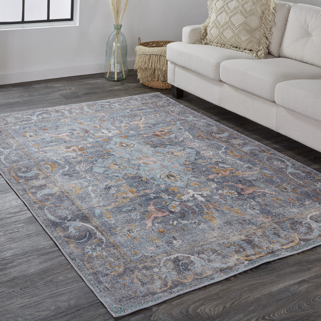 4' X 6' Blue Gray And Orange Floral Area Rug