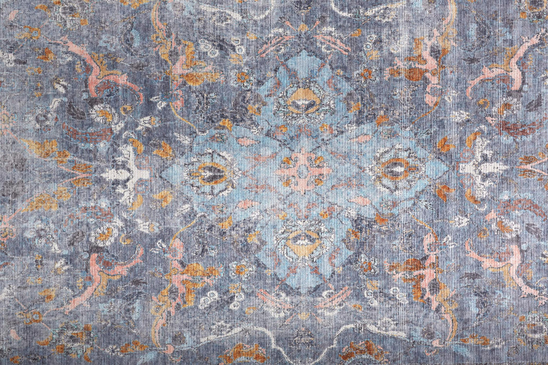 4' X 6' Blue Gray And Orange Floral Area Rug