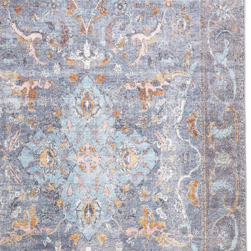 4' X 6' Blue Gray And Orange Floral Area Rug