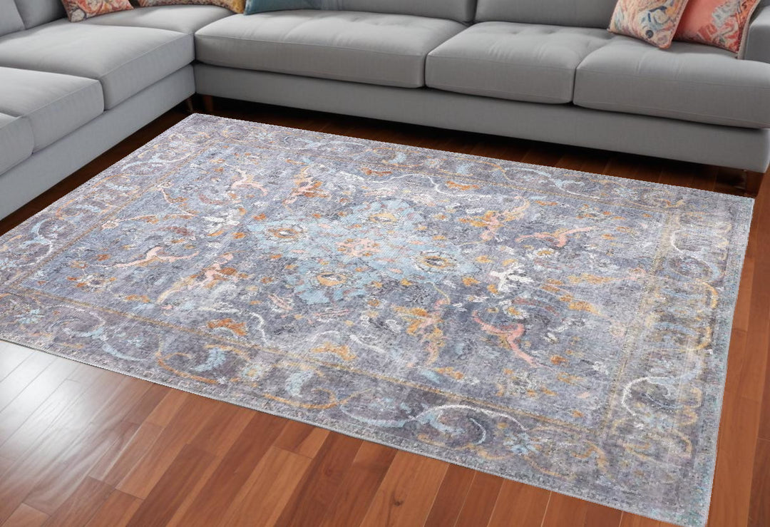 4' X 6' Blue Gray And Orange Floral Area Rug