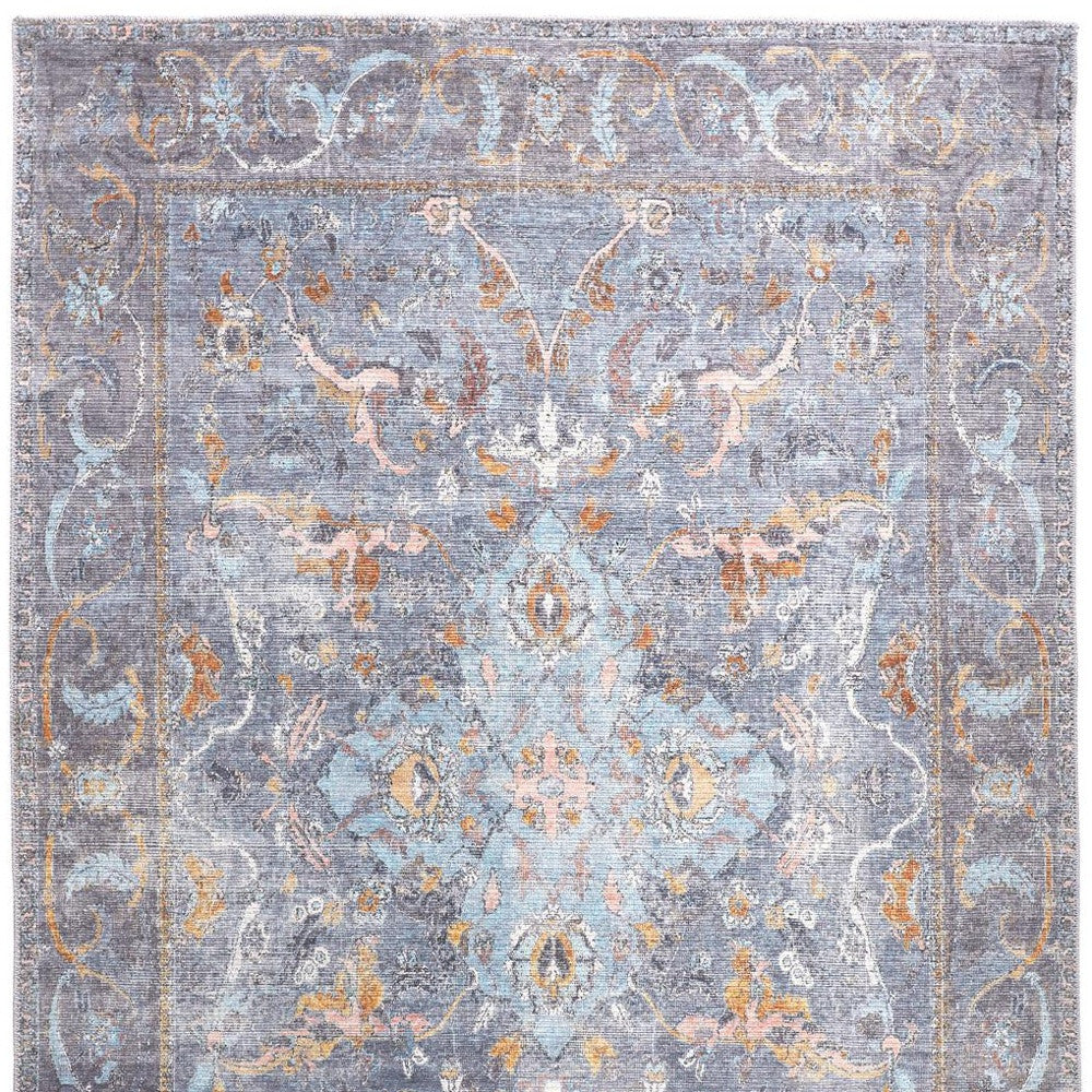 4' X 6' Blue Gray And Orange Floral Area Rug