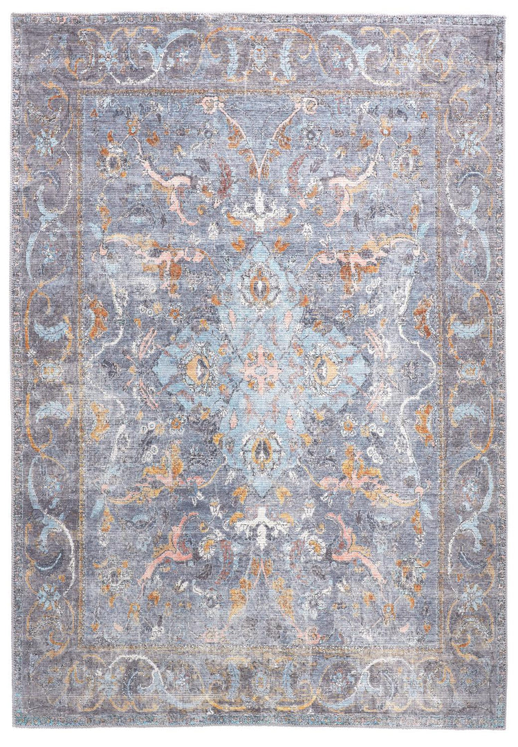 4' X 6' Blue Gray And Orange Floral Area Rug