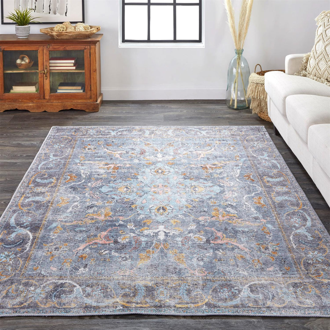 4' X 6' Blue Gray And Orange Floral Area Rug