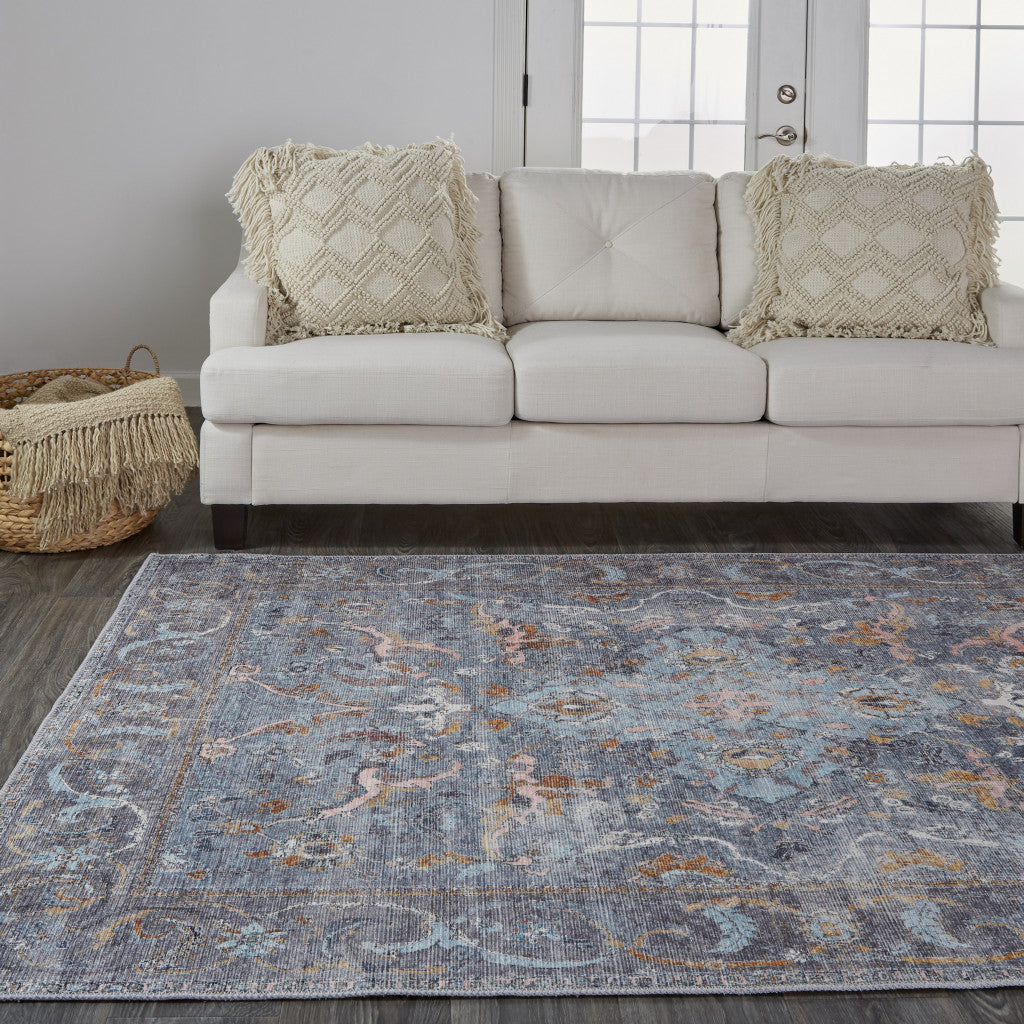 4' X 6' Blue Gray And Orange Floral Area Rug