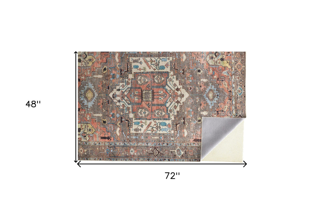 4' X 6' Taupe Red And Brown Floral Area Rug