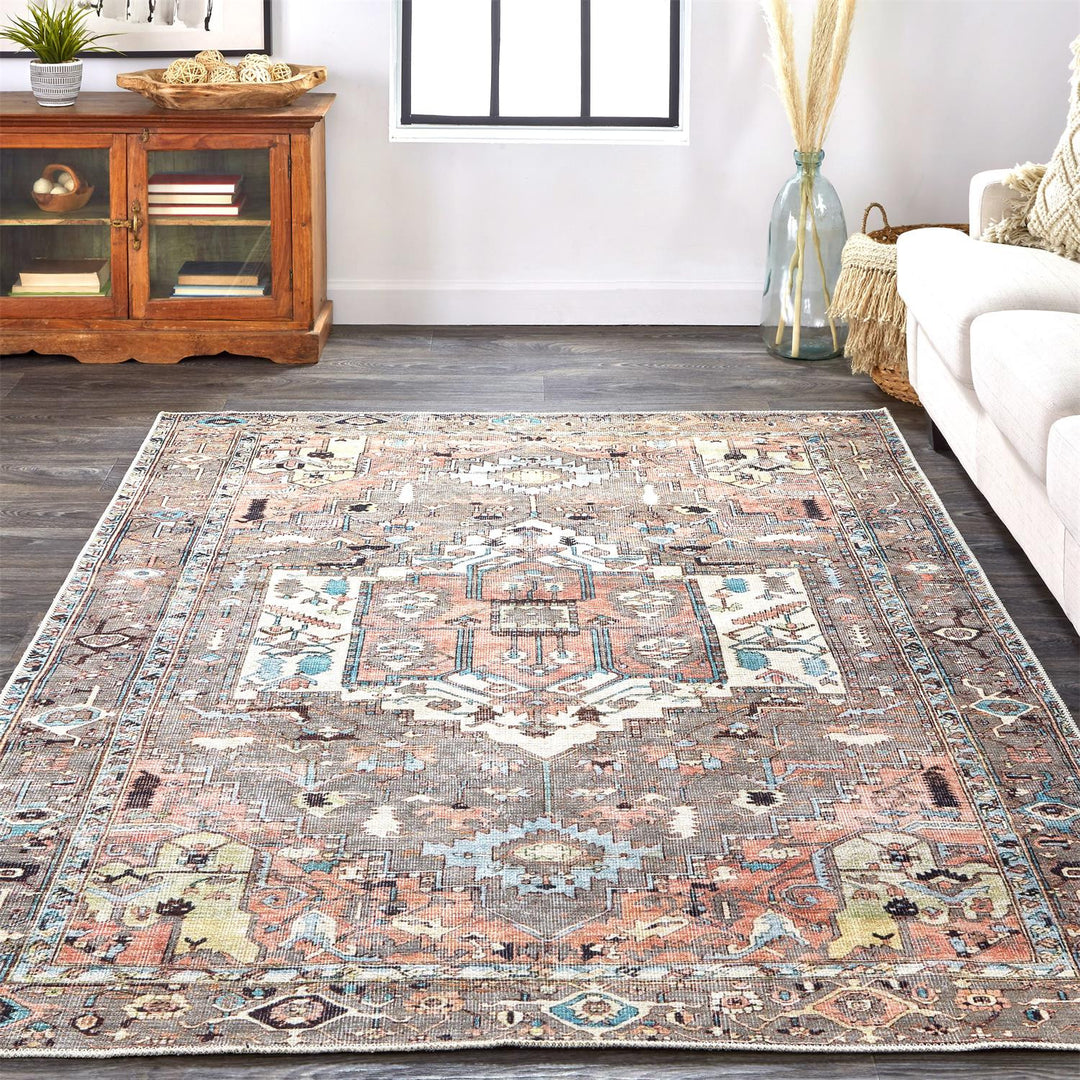 4' X 6' Taupe Red And Brown Floral Area Rug