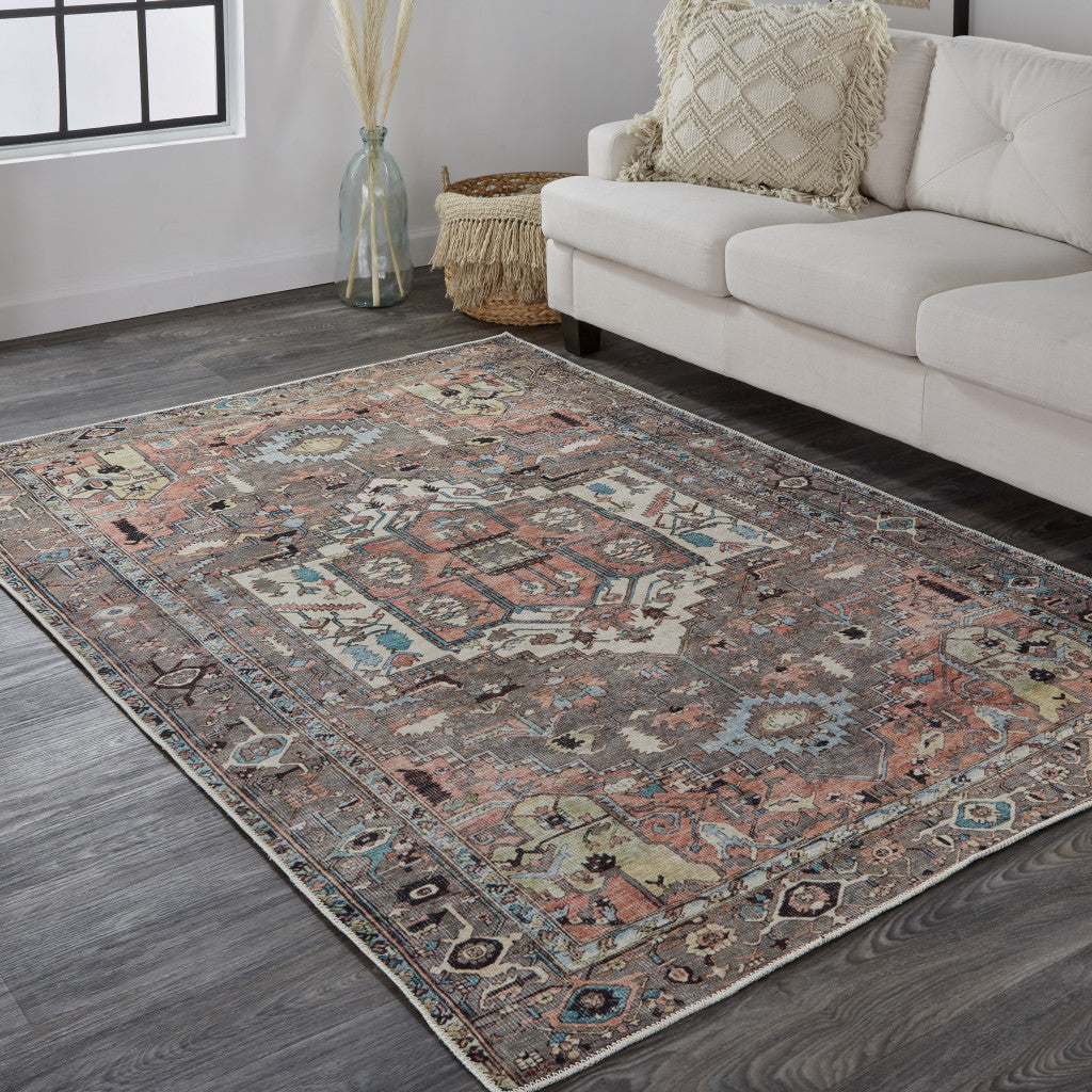 4' X 6' Taupe Red And Brown Floral Area Rug