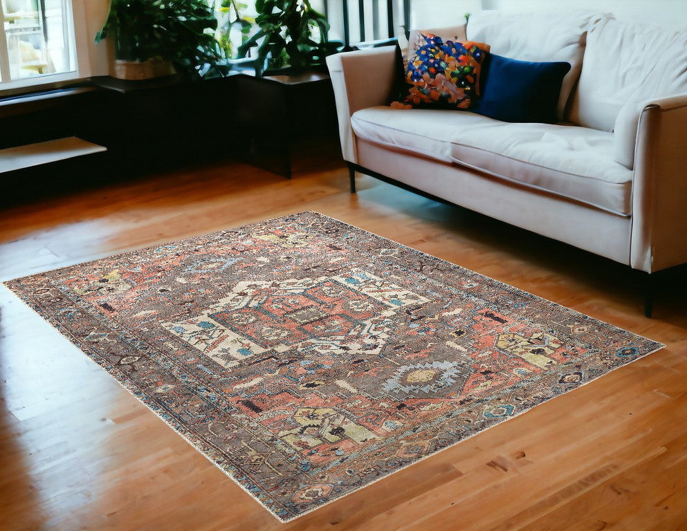 4' X 6' Taupe Red And Brown Floral Area Rug