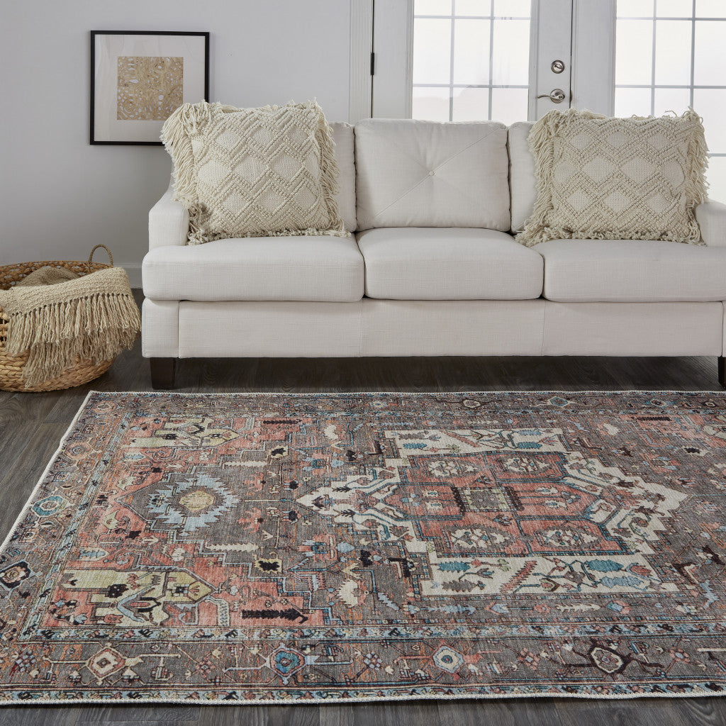 4' X 6' Taupe Red And Brown Floral Area Rug