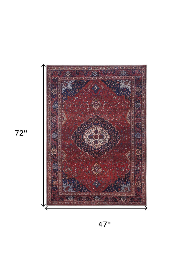 4' X 6' Red Blue And Tan Floral Power Loom Area Rug