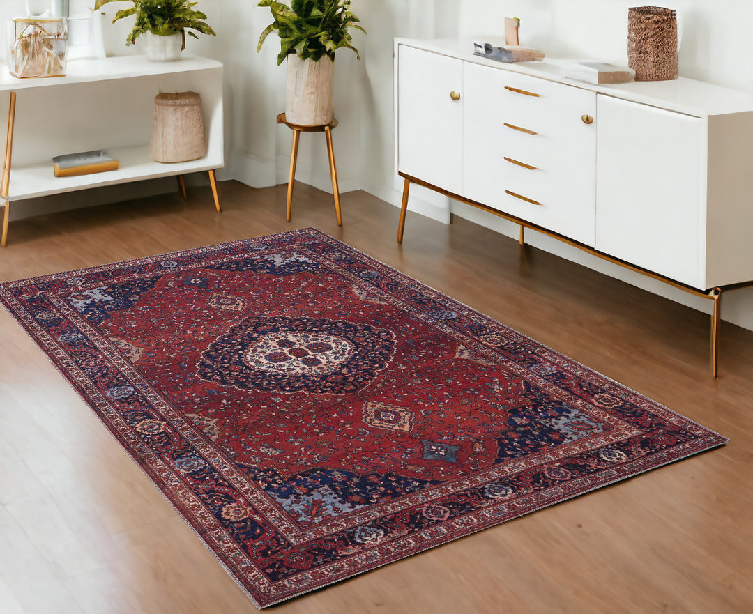 4' X 6' Red Blue And Tan Floral Power Loom Area Rug