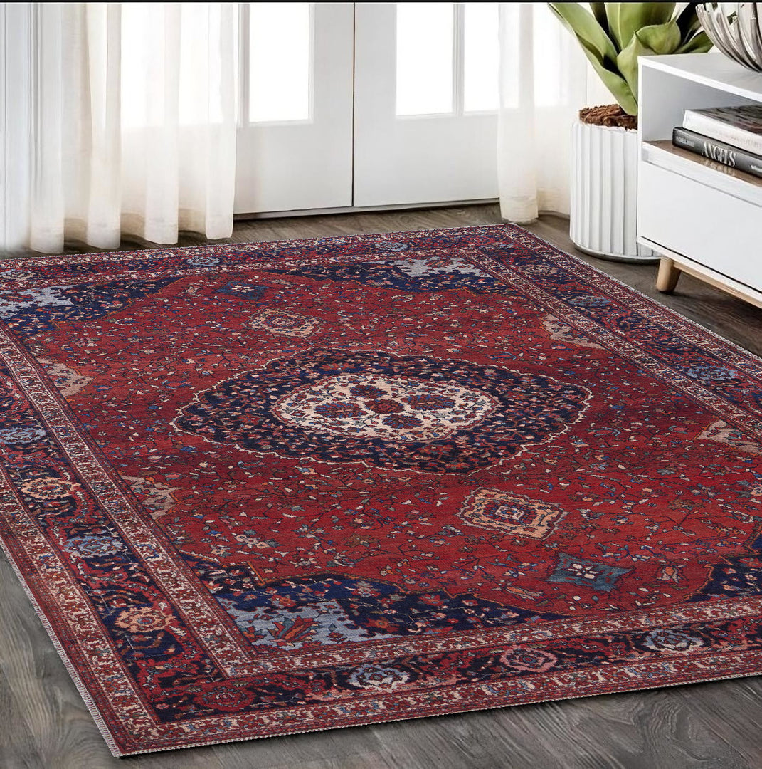 4' X 6' Red Blue And Tan Floral Power Loom Area Rug