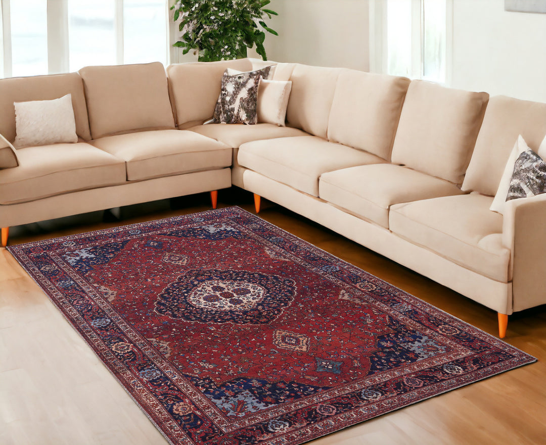 4' X 6' Red Blue And Tan Floral Power Loom Area Rug