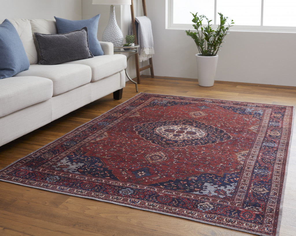 4' X 6' Red Blue And Tan Floral Power Loom Area Rug