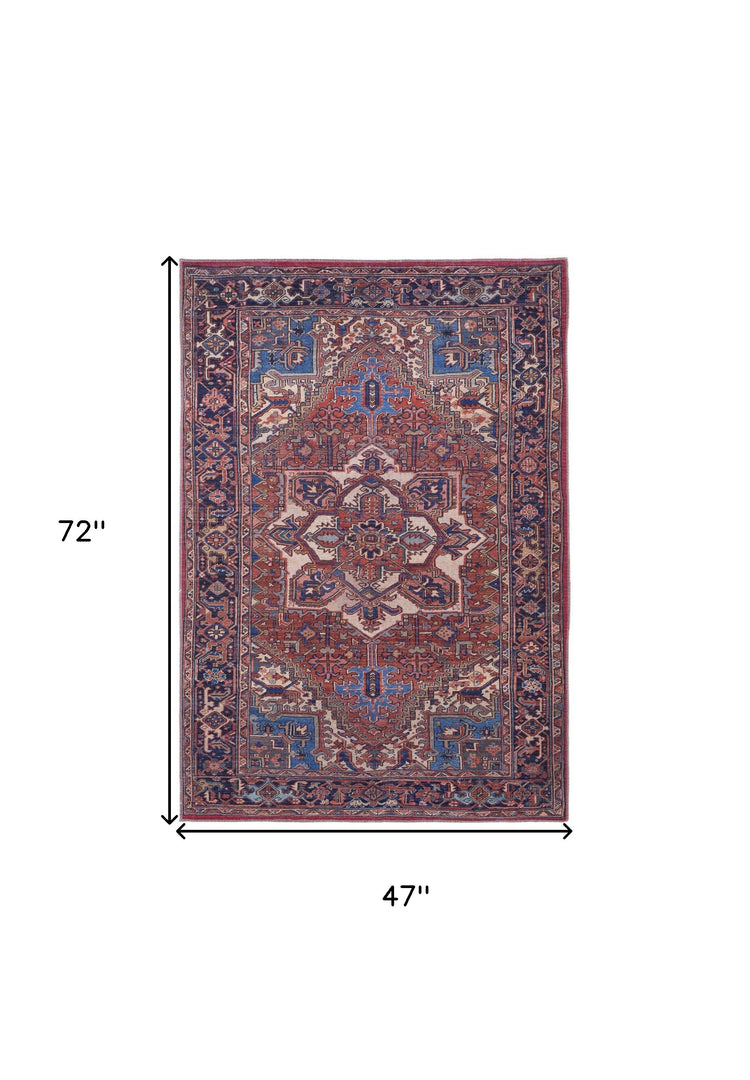 4' X 6' Red Tan And Blue Floral Power Loom Area Rug