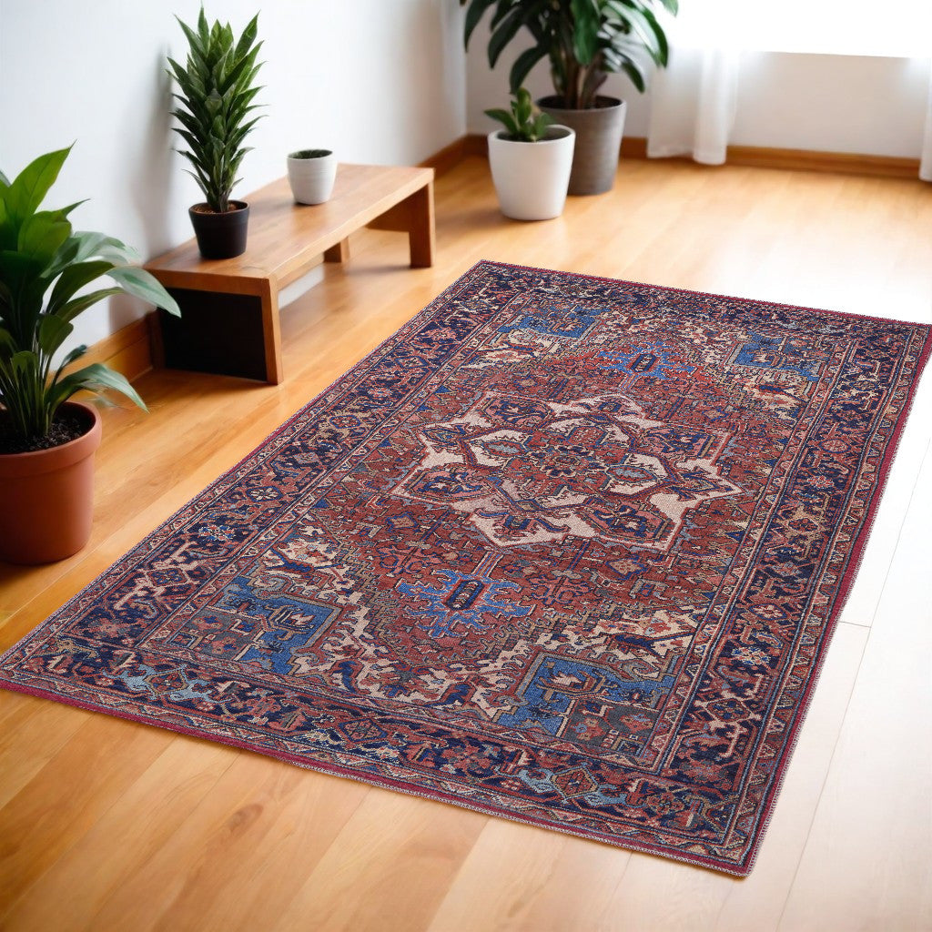 4' X 6' Red Tan And Blue Floral Power Loom Area Rug