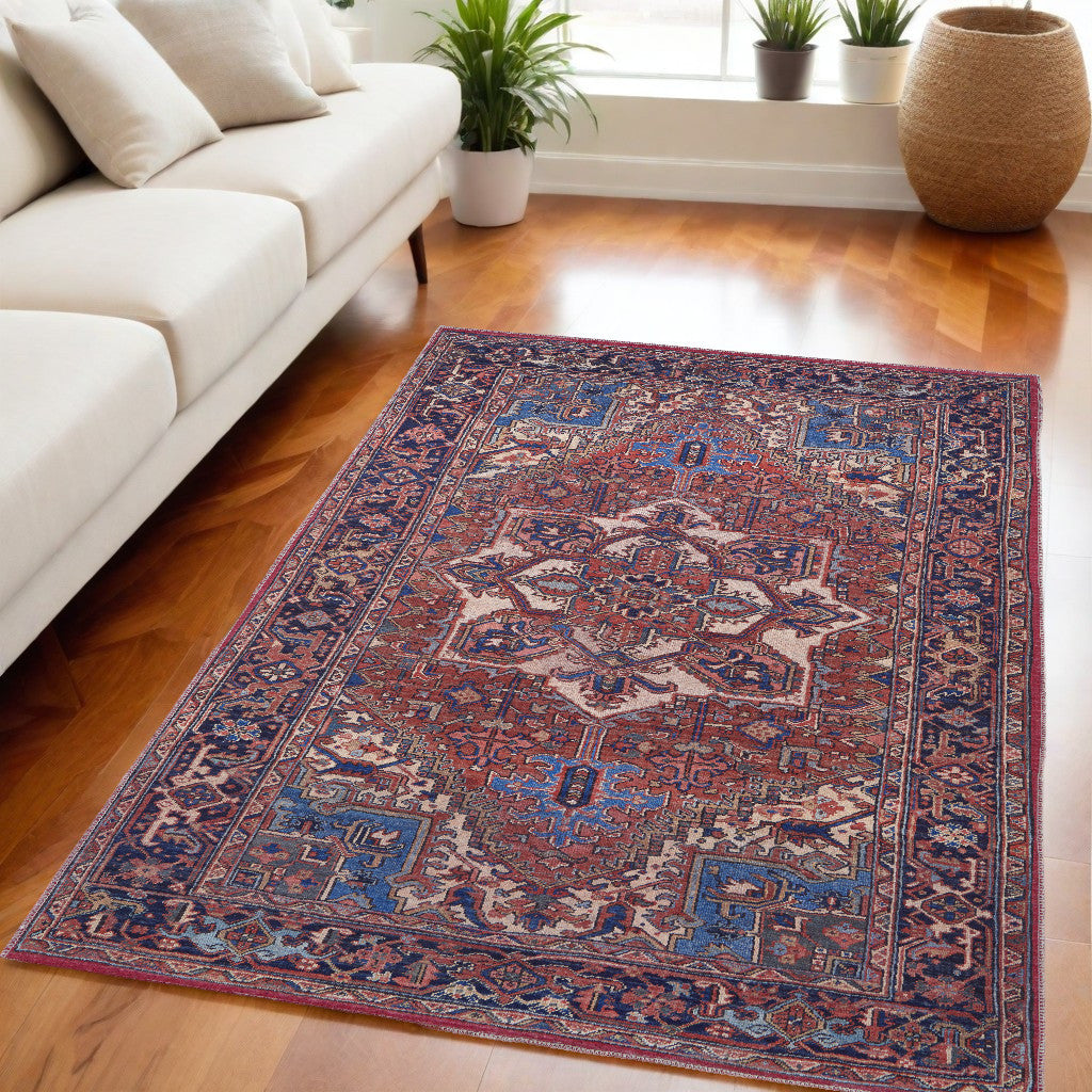 4' X 6' Red Tan And Blue Floral Power Loom Area Rug