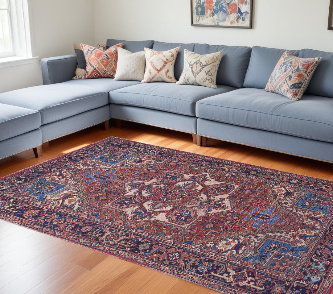 4' X 6' Red Tan And Blue Floral Power Loom Area Rug