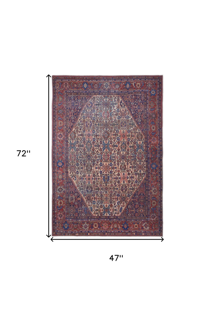 4' X 6' Red Tan And Blue Floral Power Loom Area Rug